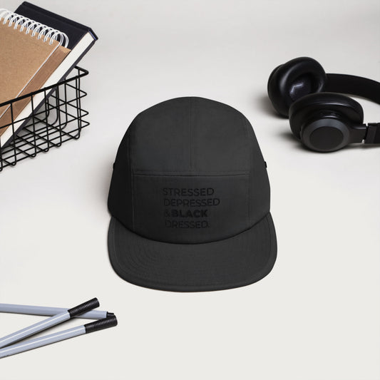 Stressed, Depressed & Black Dressed - 5 Panel Hat- Black on black