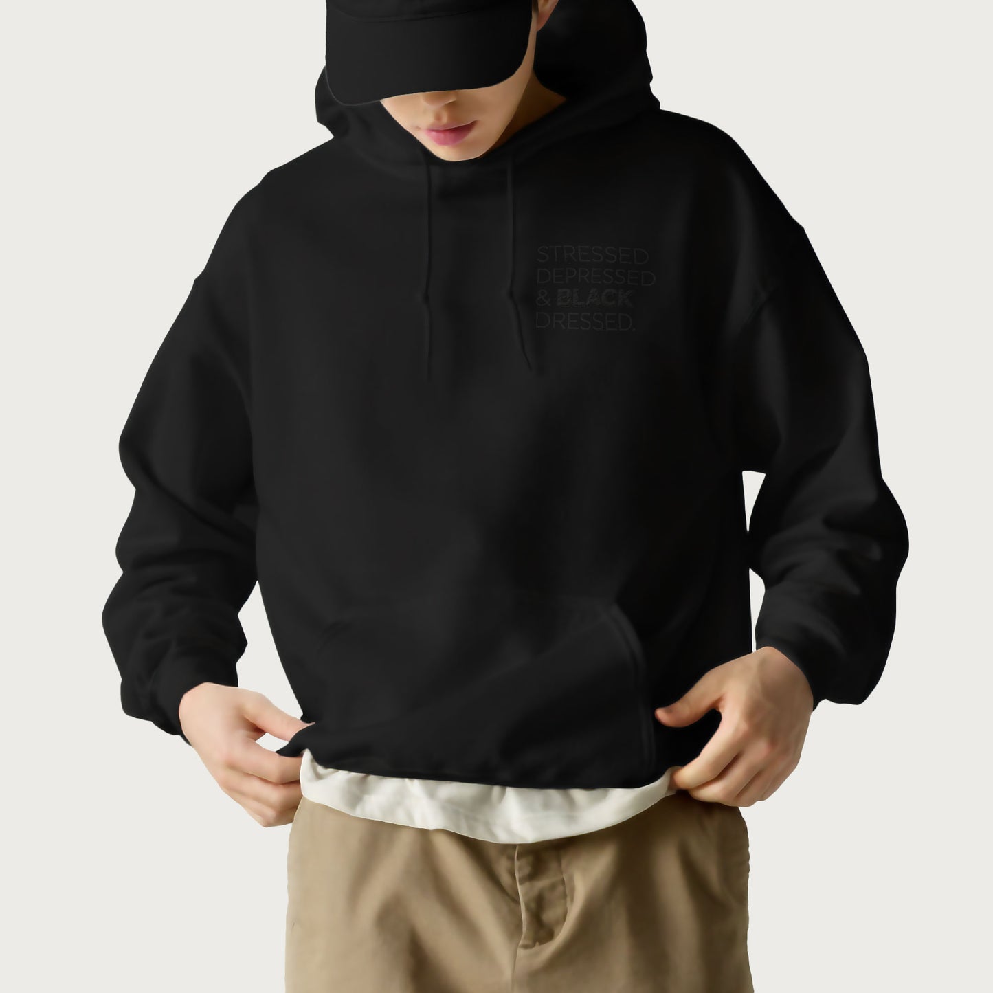 Stressed, Depressed & Black Dressed - Black on black Hoodie
