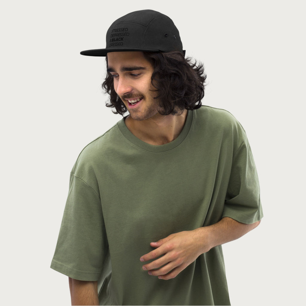 Stressed, Depressed & Black Dressed - 5 Panel Hat- Black on black