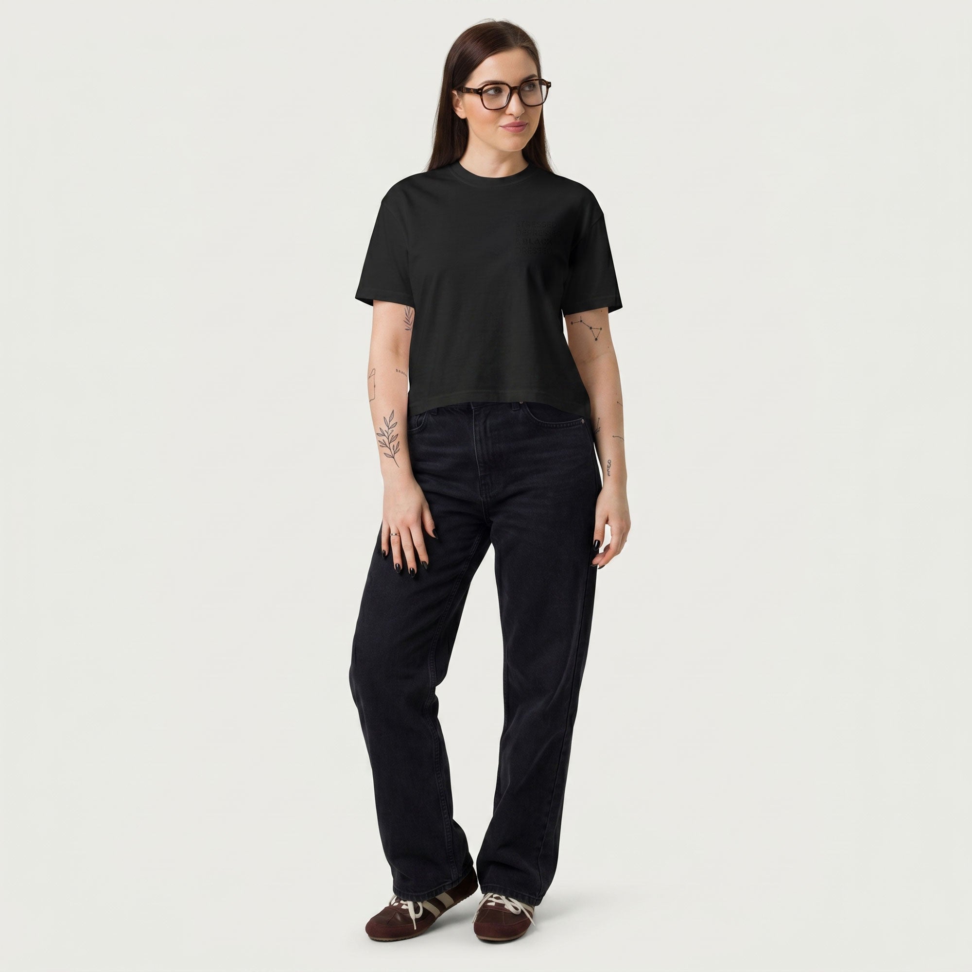 Stressed, Depressed & Black Dressed - All Black, Heavy and Boxy T-shirt - Donna