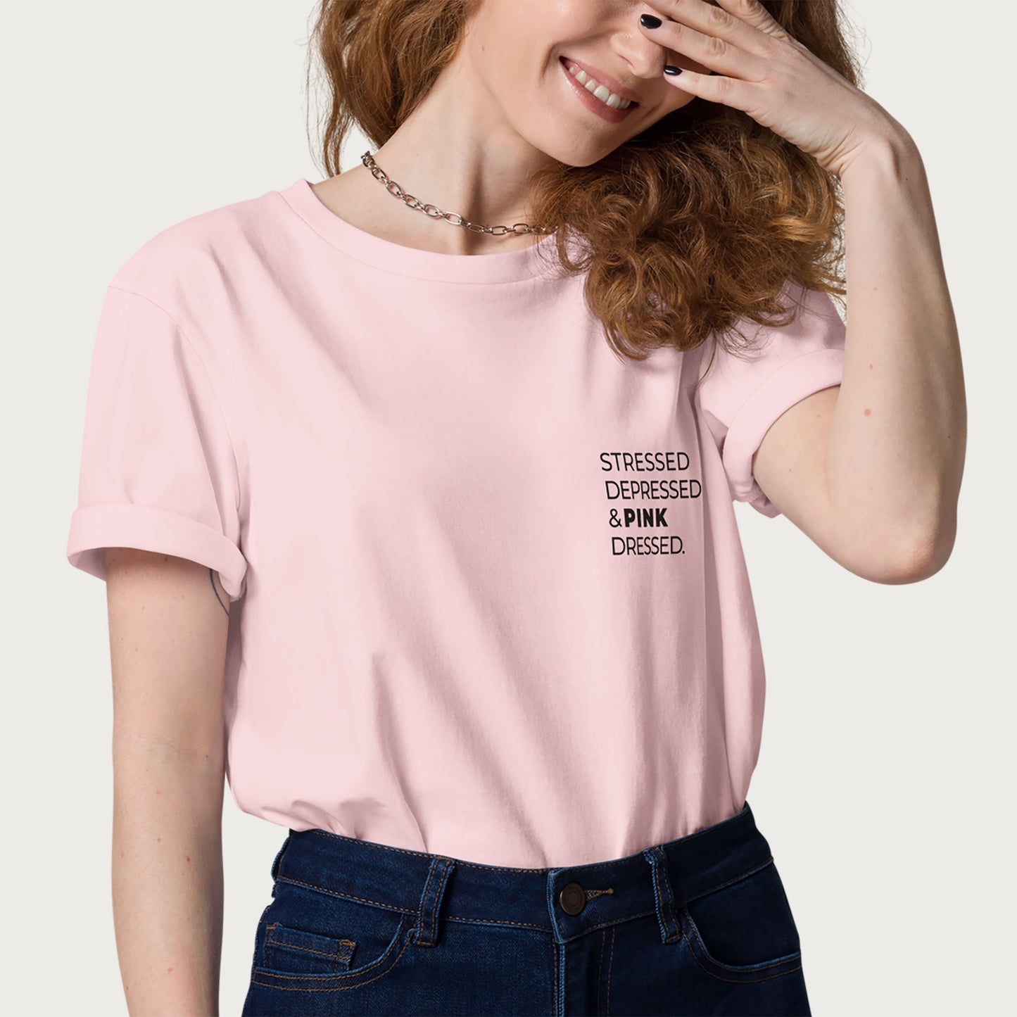 Stressed, Depressed & Pink Dressed - Black on Pink T-Shirt