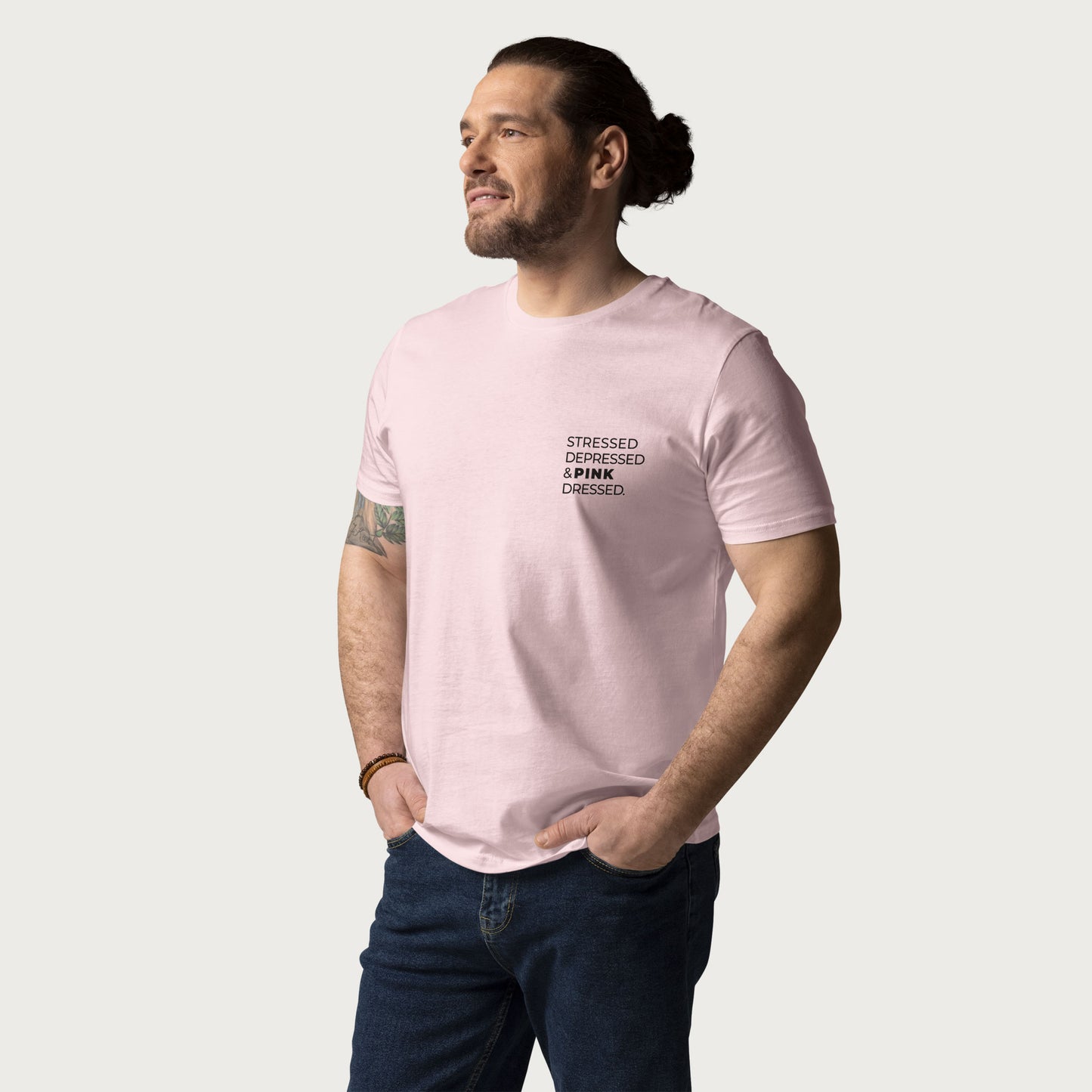 Stressed, Depressed & Pink Dressed - Black on Pink T-Shirt